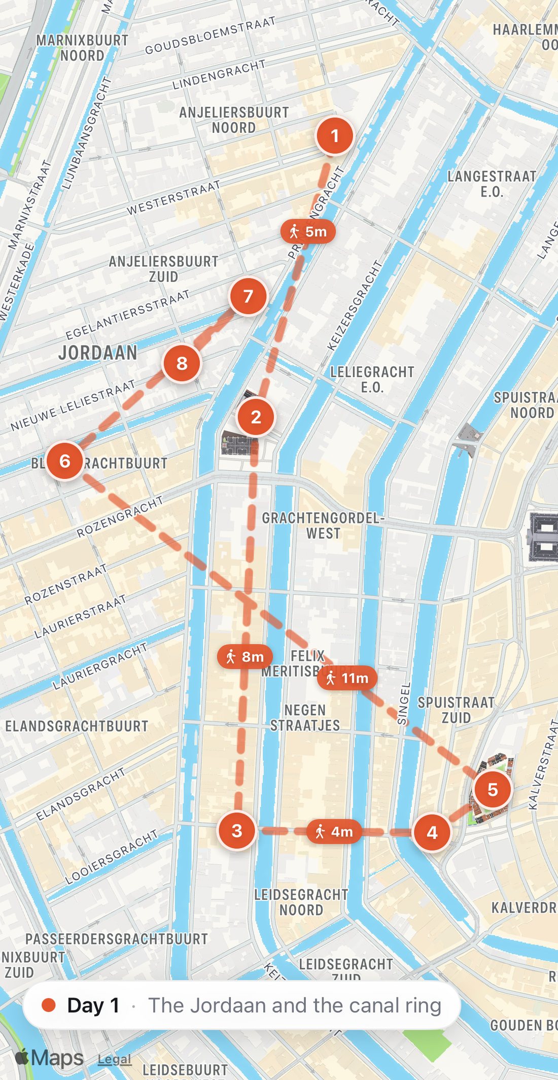 Bilbo's map of Day 1 in Amsterdam: eight numbered orange stops on a walking route, from Winkel 43 to De Reiger.
