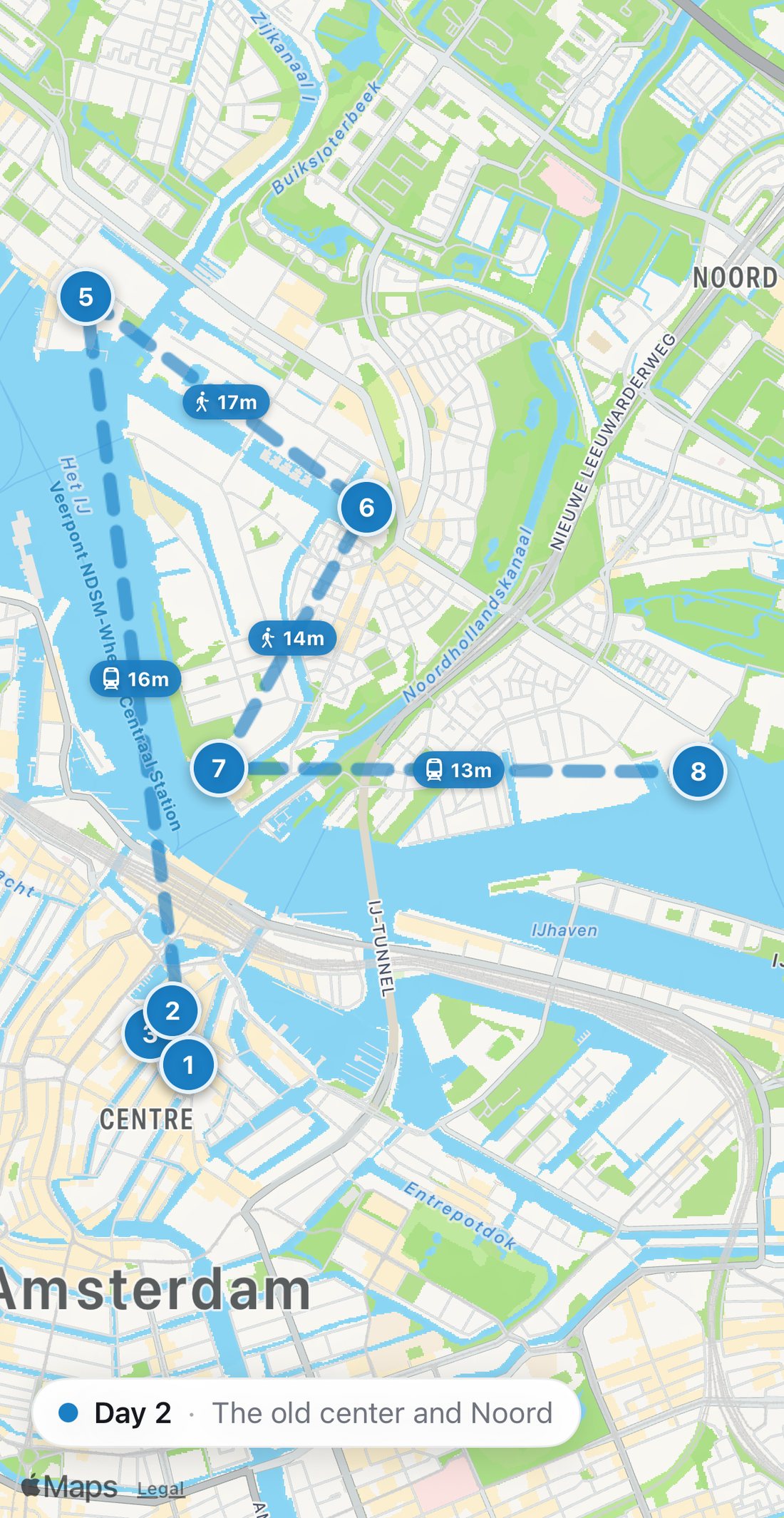 Bilbo's map of Day 2 in Amsterdam: eight numbered blue stops on a walking route, from Latei to Hotel de Goudfazant.