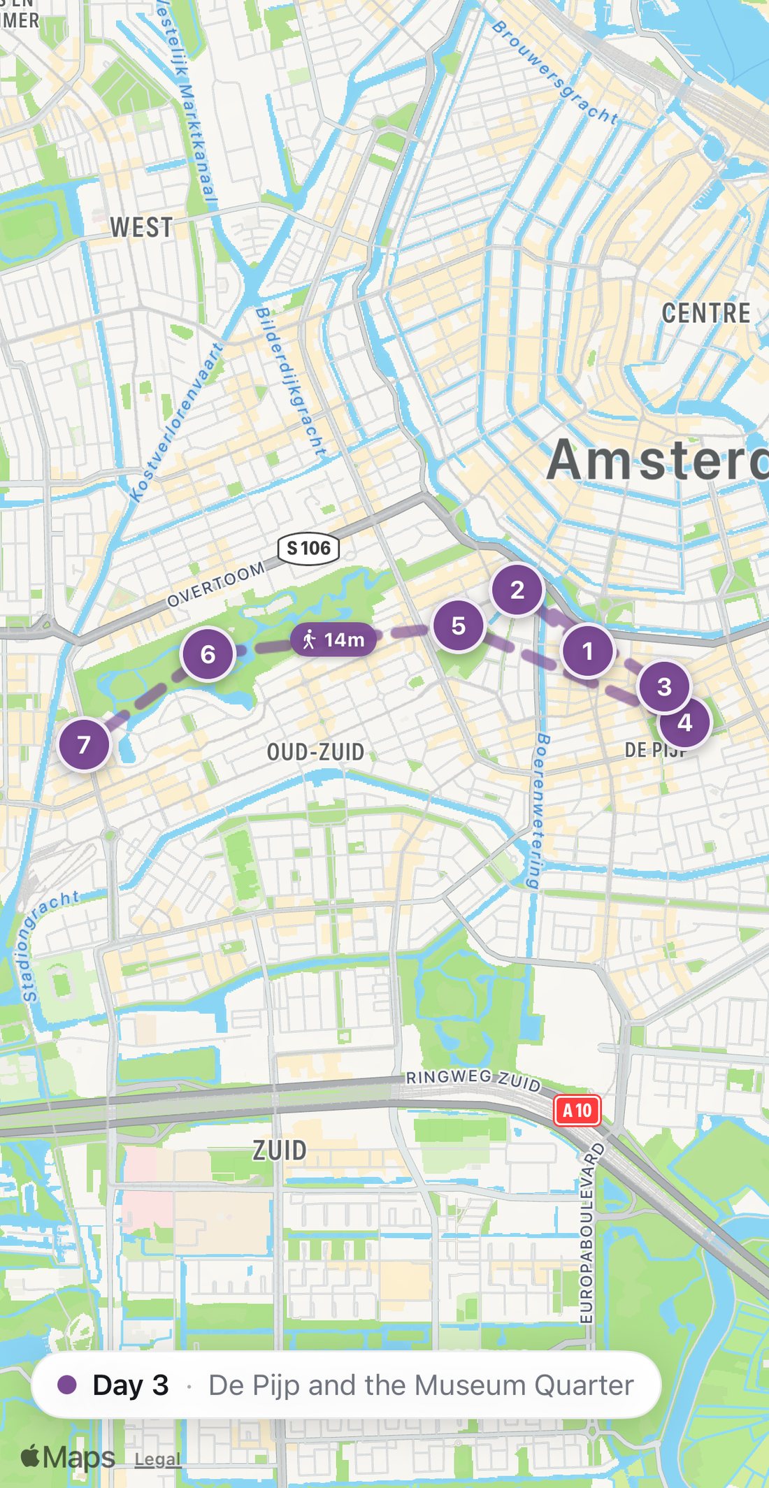 Bilbo's map of Day 3 in Amsterdam: seven numbered purple stops on a walking route, from Bakers & Roasters to Restaurant Blauw.