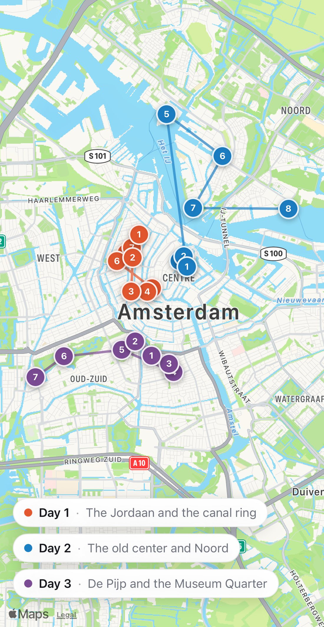Bilbo's map of Amsterdam with the three days drawn as colored routes: Day 1 in orange, Day 2 in blue, Day 3 in purple.