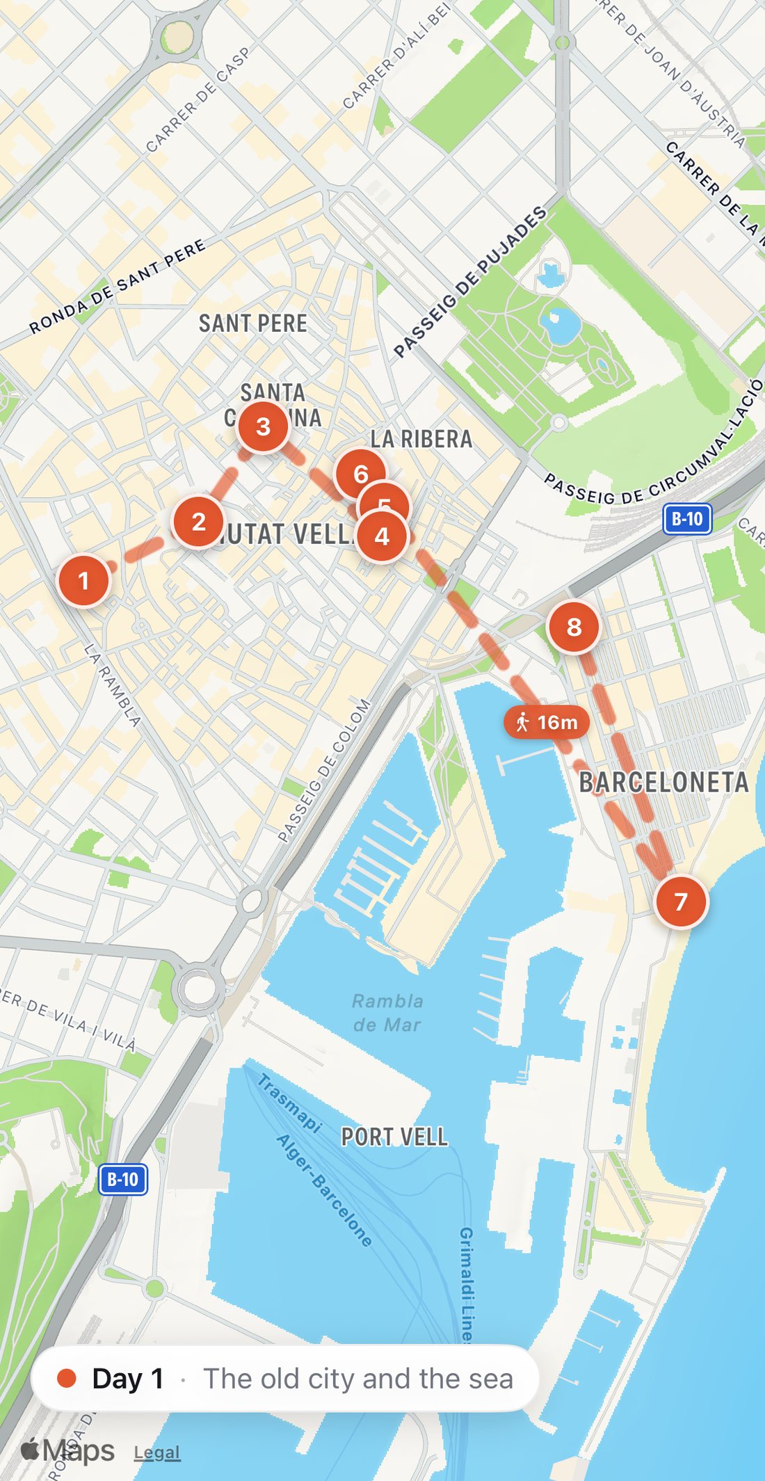 Bilbo's map of Day 1 in Barcelona: eight numbered orange stops on a walking route, from Granja La Pallaresa to El Vaso de Oro.