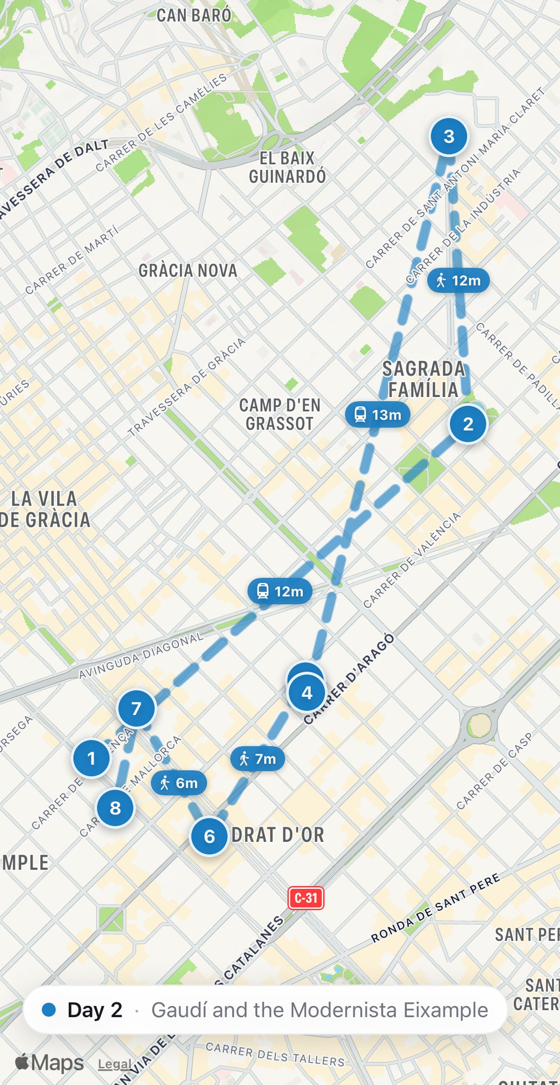 Bilbo's map of Day 2 in Barcelona: eight numbered blue stops on a walking route, from Pastisseria Mauri to Cervecería Catalana.