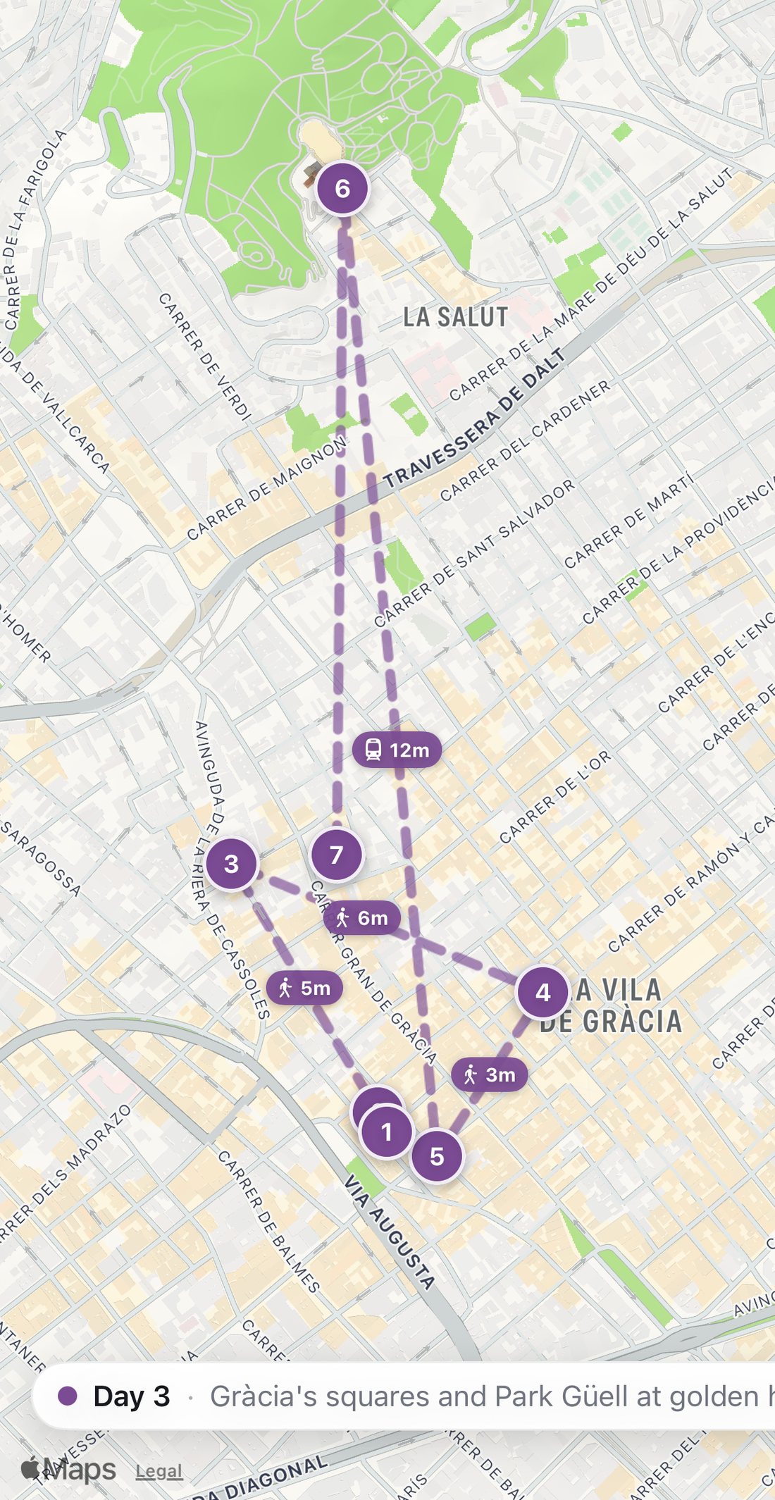 Bilbo's map of Day 3 in Barcelona: seven numbered purple stops on a walking route, from La Pubilla to Santa Magdalena.