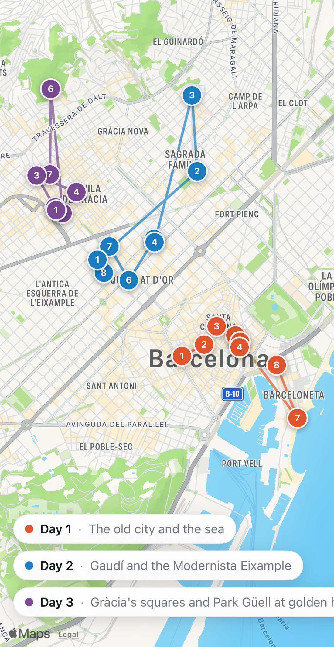 Bilbo's map of Barcelona with the three days drawn as colored routes: Day 1 in orange, Day 2 in blue, Day 3 in purple.