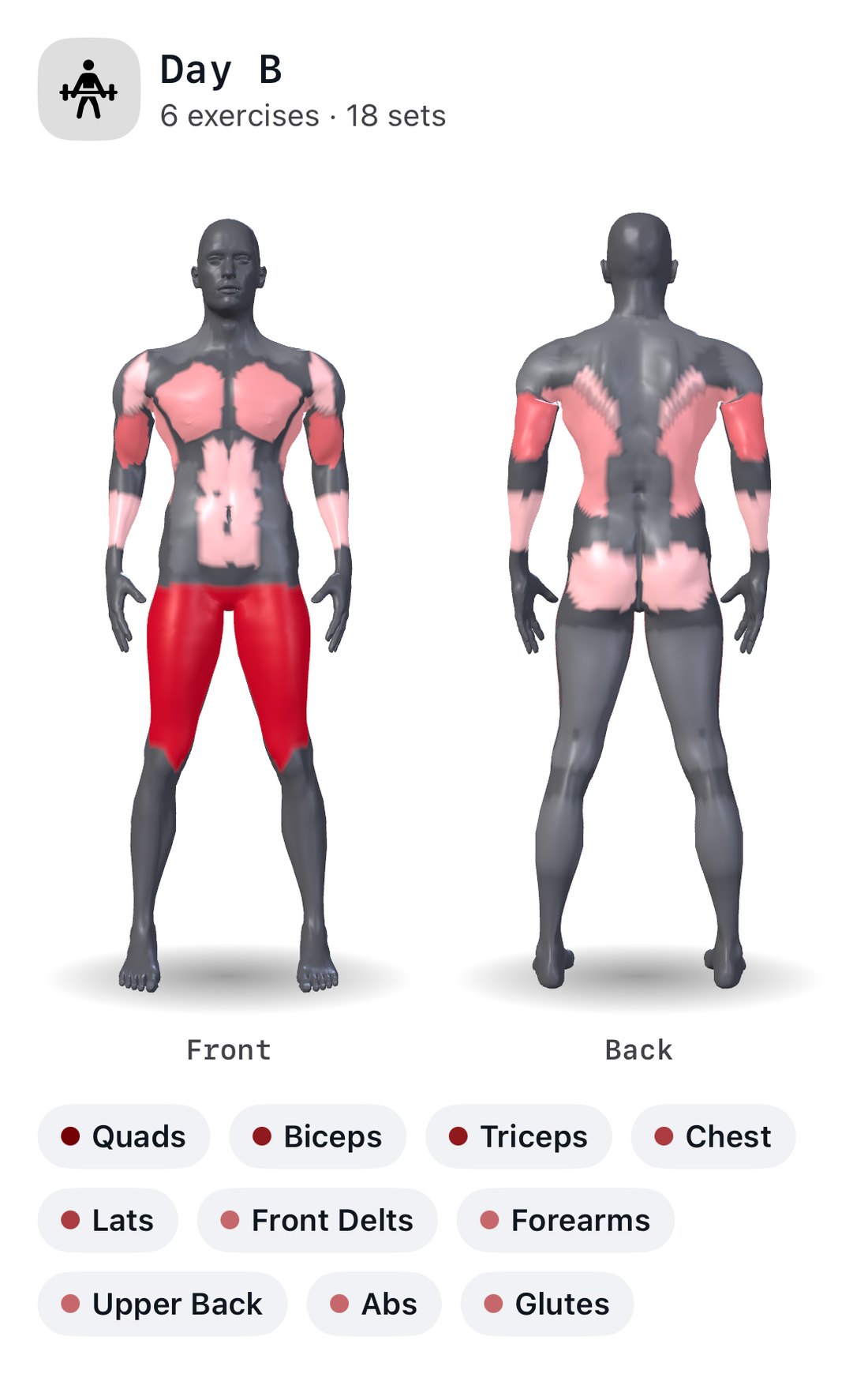 Cinder's muscle map for Day B, a 3D body seen from the front and the back; shaded deepest red: quads, biceps and triceps; lighter: chest and lats; palest: front delts, forearms, upper back, abs and glutes. Everything else stays grey.