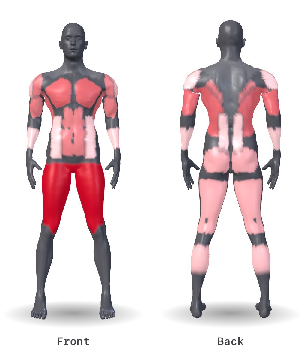 Cinder's muscle map for the whole week at 3 days a week, a 3D body seen from the front and the back; shaded deepest red: quads, chest, triceps and lats; lighter: front delts, biceps, upper back and abs; palest: glutes, hamstrings, side delts, calves, rear delts, forearms, lower back and obliques. Everything else stays grey.