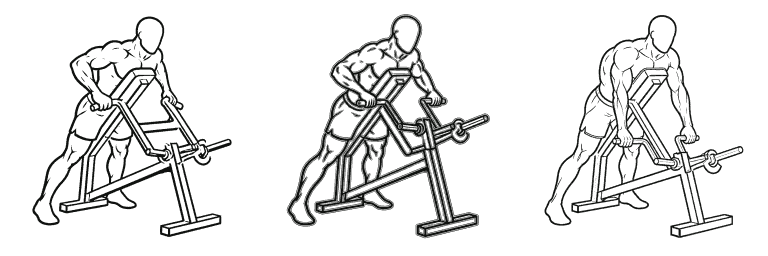 Line drawing of the chest supported row, in 3 steps from start to finish