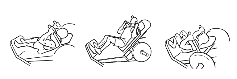 Line drawing of the hack squat, in 3 steps from start to finish