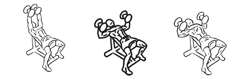 Line drawing of the incline dumbbell press, in 3 steps from start to finish