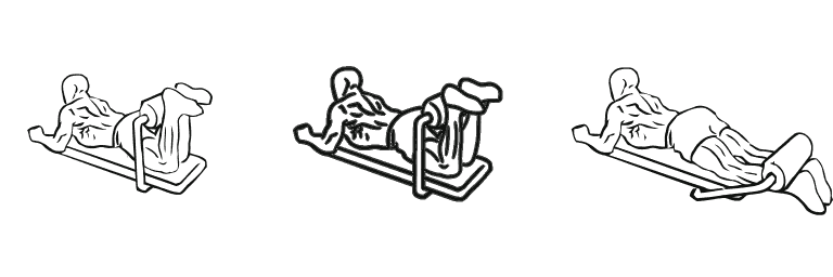 Line drawing of the leg curl, in 3 steps from start to finish