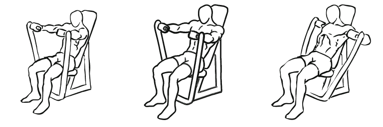 Line drawing of the machine chest press, in 3 steps from start to finish