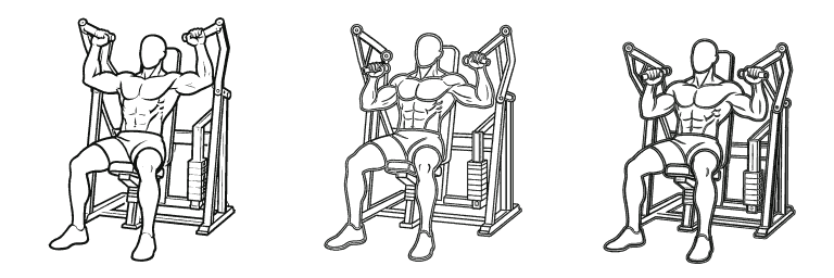 Line drawing of the machine shoulder press, in 3 steps from start to finish
