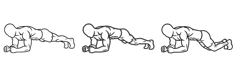 Line drawing of the plank, in 3 steps from start to finish