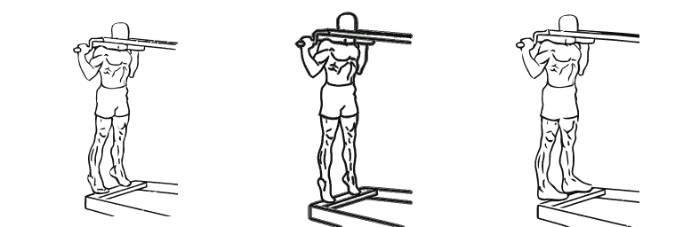 Line drawing of the standing calf raise, in 3 steps from start to finish
