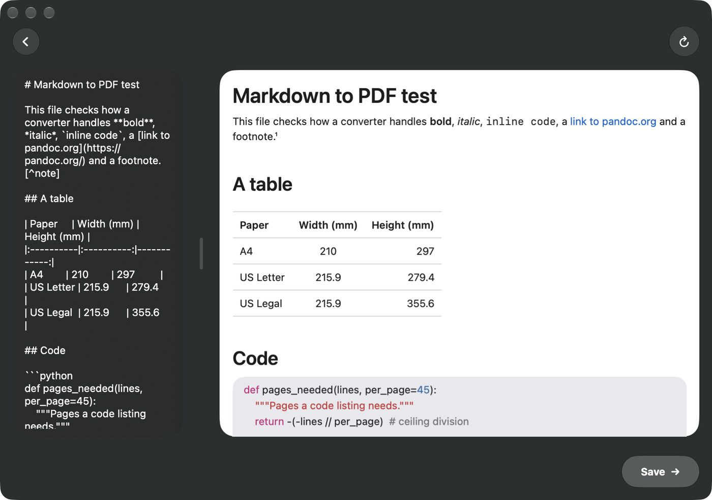 The Markdown2PDF window with our test file open: the Markdown source in a dark pane on the left, and on the right a white preview page showing the heading Markdown to PDF test, a three-row table of paper sizes and the start of a highlighted Python code block, with a back button at the top left, a round reload arrow at the top right and a Save button at the bottom right