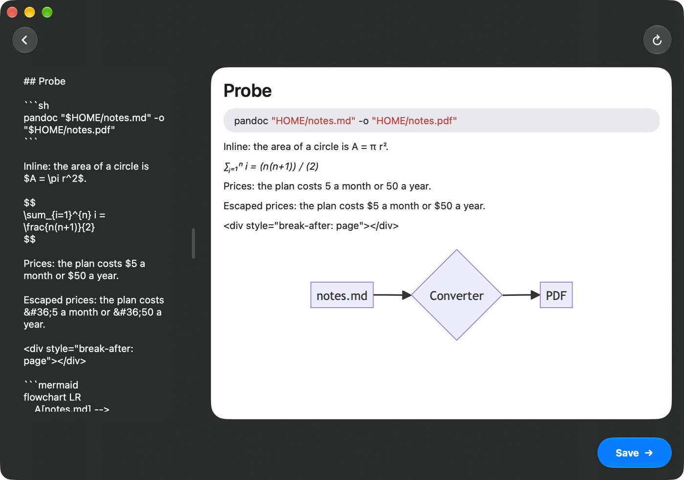 Markdown2PDF previewing a few lines from our test file. The preview shows a shell command whose $HOME paths lost their dollar signs, the circle formula as A = π r², the sum formula written out as (n(n+1)) / (2), a price line reading 5 a month or 50 a year, the same line written with $ showing $5 and $50, a page-break div printed as plain text, and a three-box flowchart