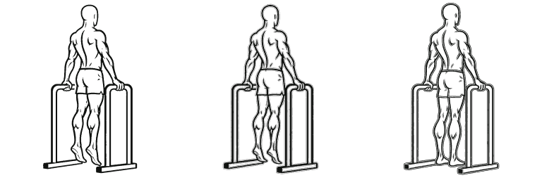 Line drawing of the calf raise, in 3 steps from start to finish