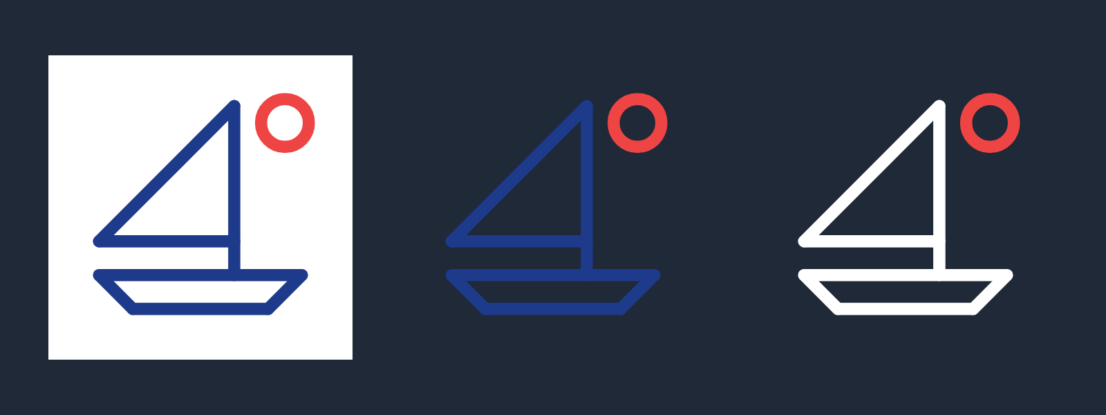 Three copies of the sailboat logo on a dark grey background: the SVG as downloaded, inside a white square; the same file with its background rectangle deleted, its navy lines hard to see on the dark grey; and with navy replaced by white, clear on the dark grey