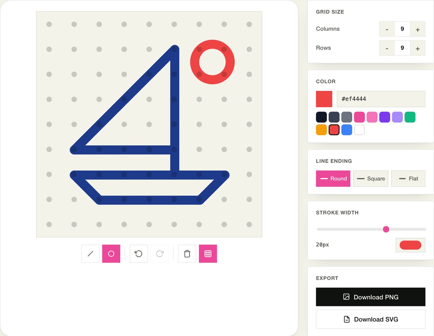 EasyLogo's web editor: a navy sailboat and a red sun drawn on a 9 by 9 dot grid, with the grid, colour, line-ending, stroke-width and export panels beside it