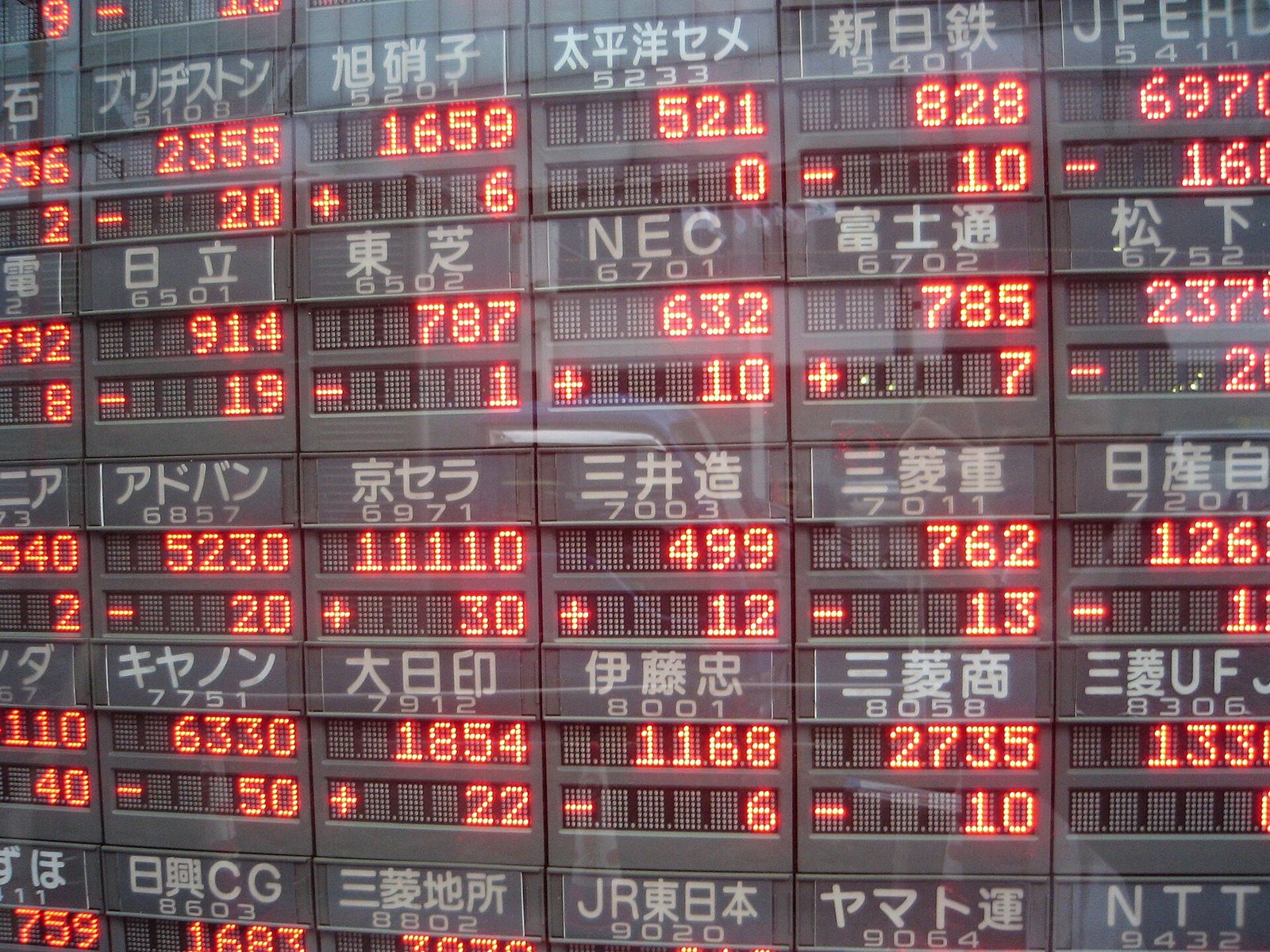 A wall of red LED stock prices behind glass in Tokyo, each panel showing a company name in Japanese, a four-digit code, a price and a plus or minus change