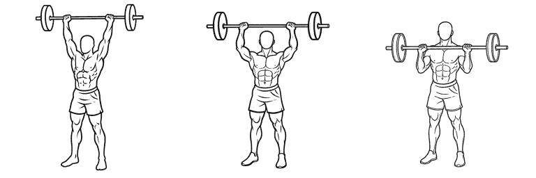 Line drawing of the overhead press, in 3 steps from start to finish