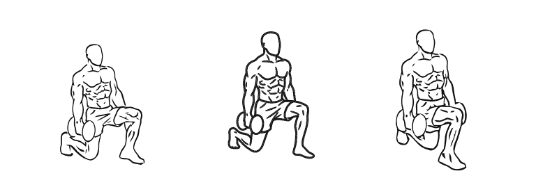 Line drawing of the walking lunge, in 3 steps from start to finish