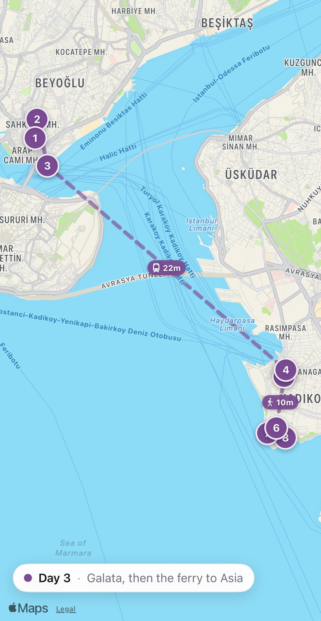 Bilbo's map of Day 3 in Istanbul: eight numbered purple stops on a walking route, from Galata Tower at opening to Koço.