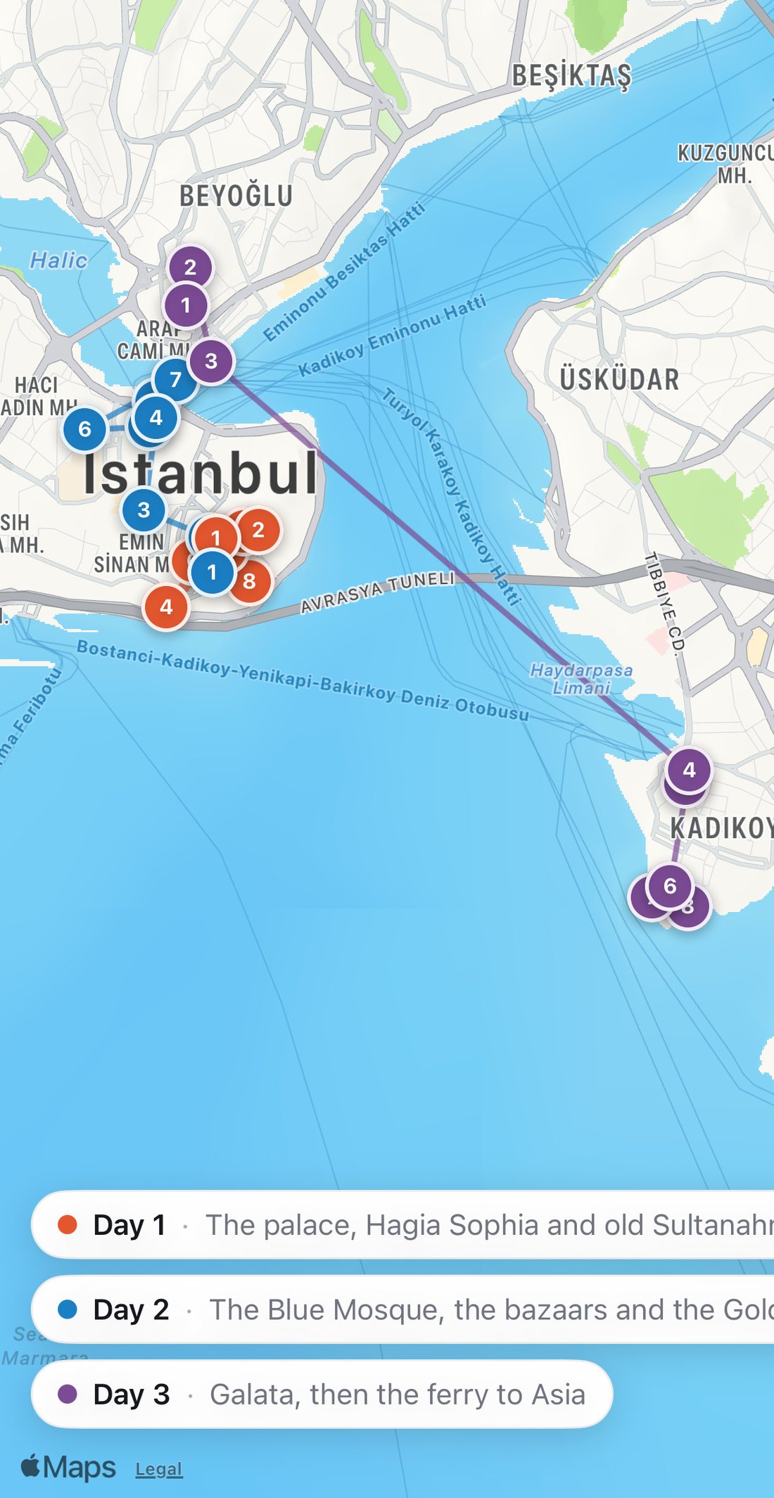 Bilbo's map of Istanbul with the three days drawn as colored routes: Day 1 in orange, Day 2 in blue, Day 3 in purple.
