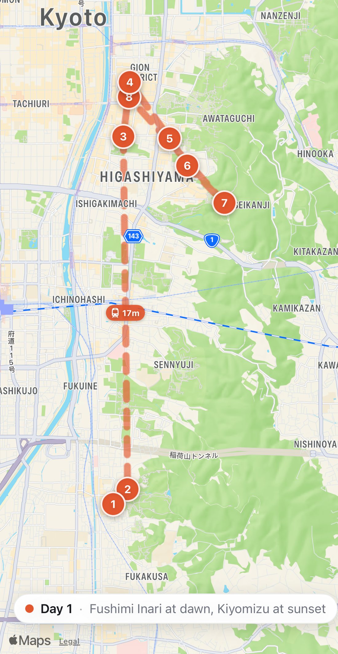 Bilbo's map of Day 1 in Kyoto: eight numbered orange stops on a walking route, from Fushimi Inari Taisha to Okaru.
