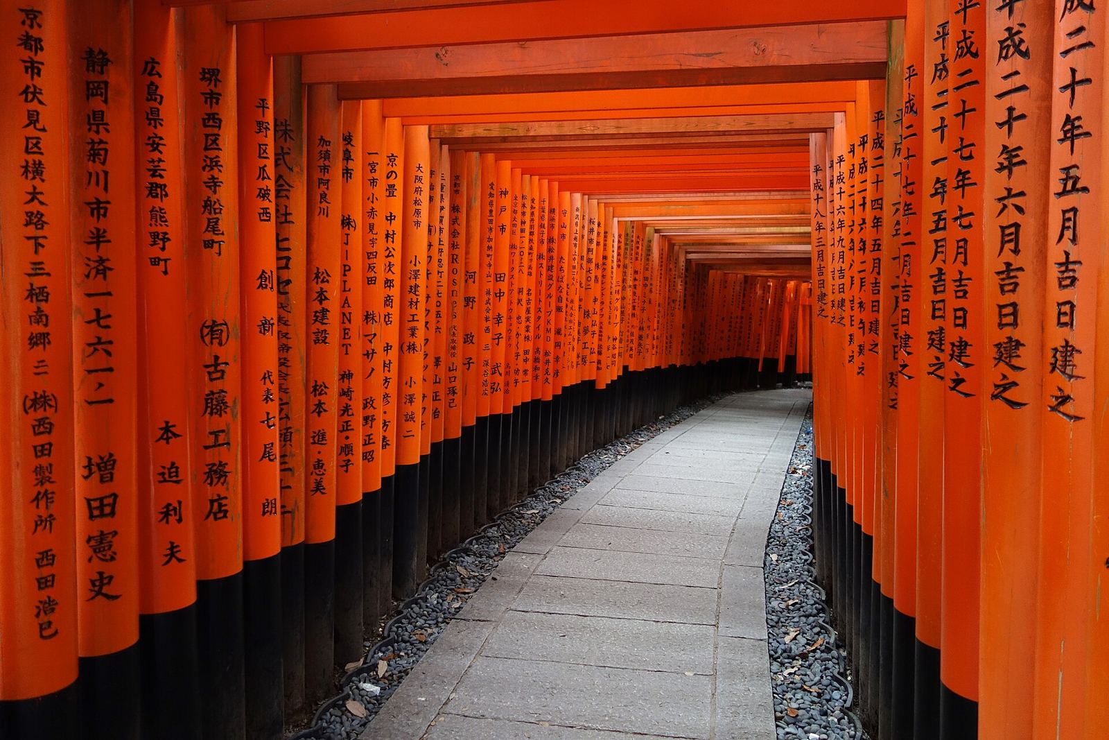 A long tunnel of vermilion torii gates with black inscriptions on their posts, arching over an empty stone path at Fushimi Inari Taisha