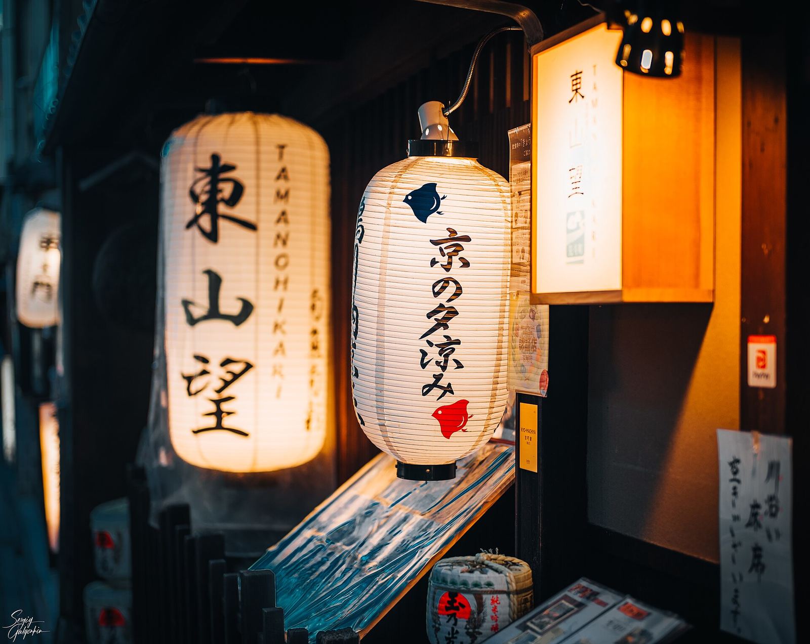 Glowing paper lanterns with brushed Japanese lettering hanging outside restaurants in Pontocho at dusk