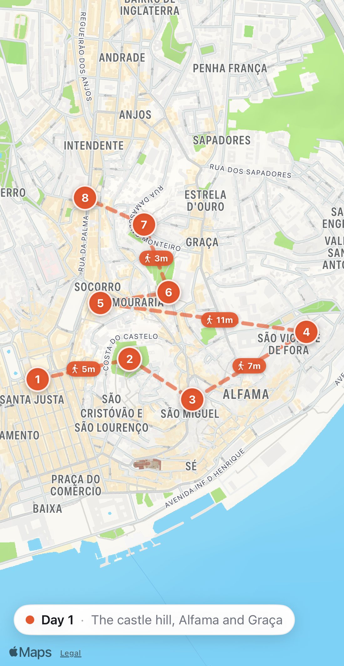 Bilbo's map of Day 1 in Lisbon: eight numbered orange stops on a walking route, from Confeitaria Nacional to Cervejaria Ramiro.