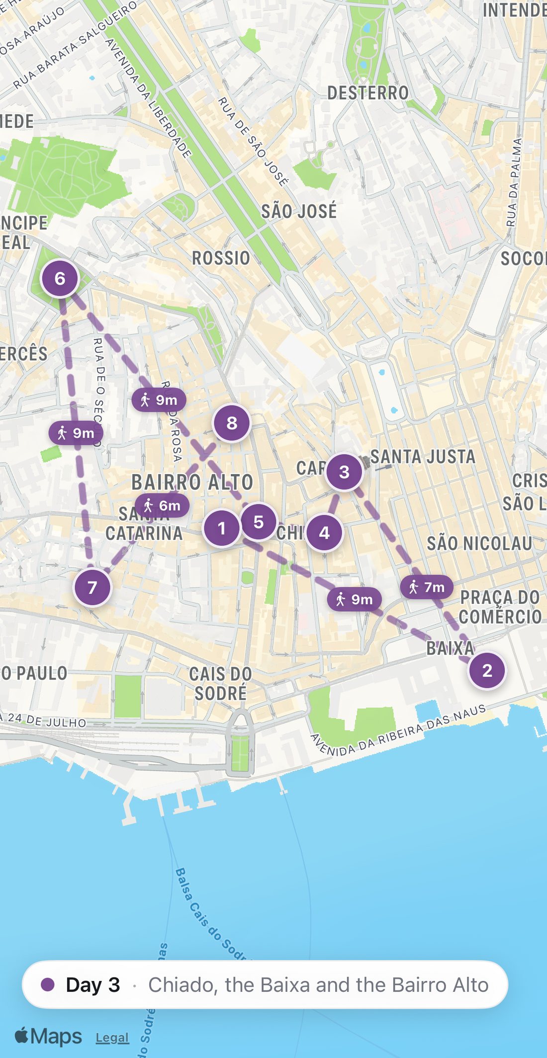 Bilbo's map of Day 3 in Lisbon: eight numbered purple stops on a walking route, from Manteigaria to Café Luso.