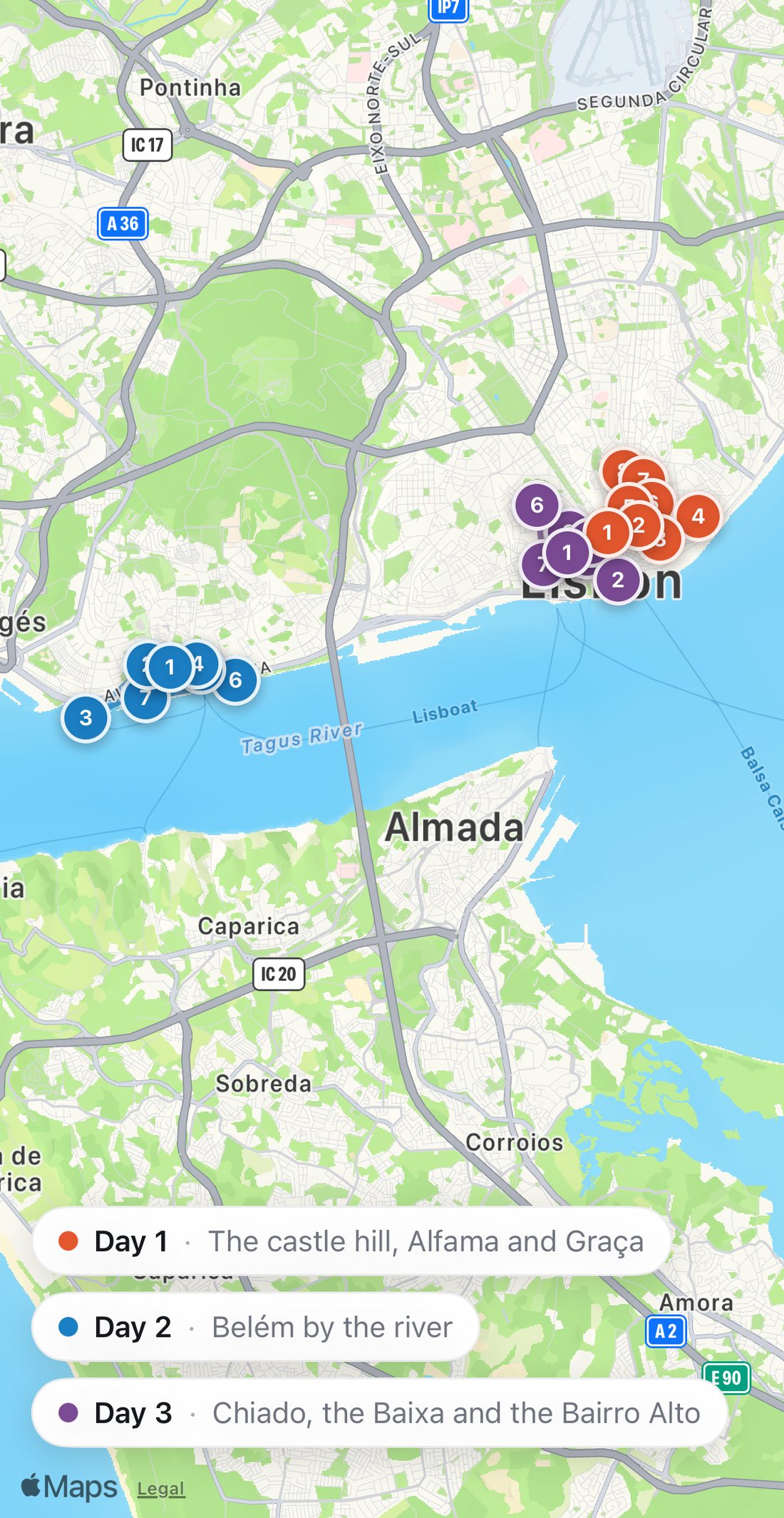 Bilbo's map of Lisbon with the three days drawn as colored routes: Day 1 in orange, Day 2 in blue, Day 3 in purple.
