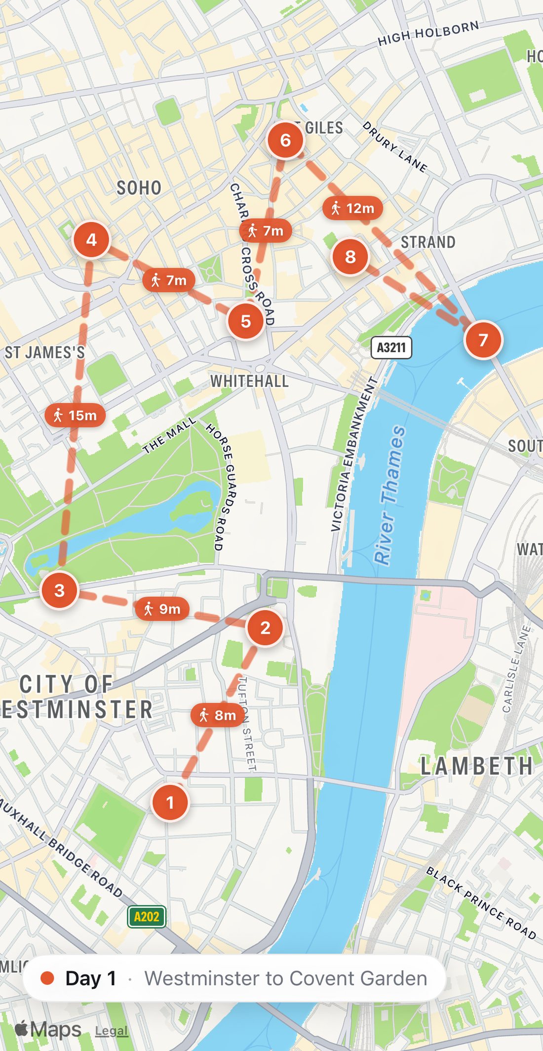 Bilbo's map of Day 1 in London: eight numbered orange stops on a walking route, from Regency Café to Rules.