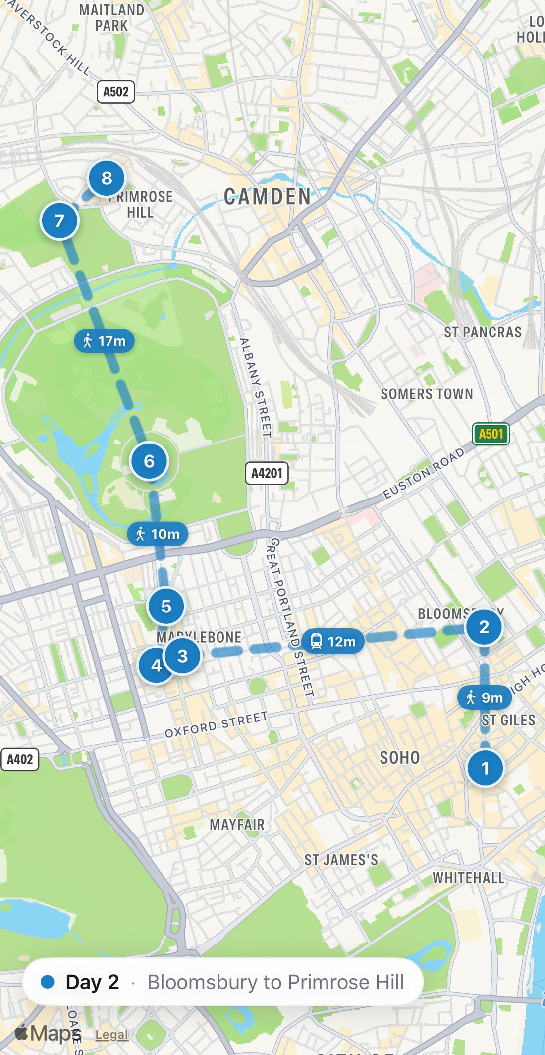 Bilbo's map of Day 2 in London: eight numbered blue stops on a walking route, from Dishoom Covent Garden to Lemonia.