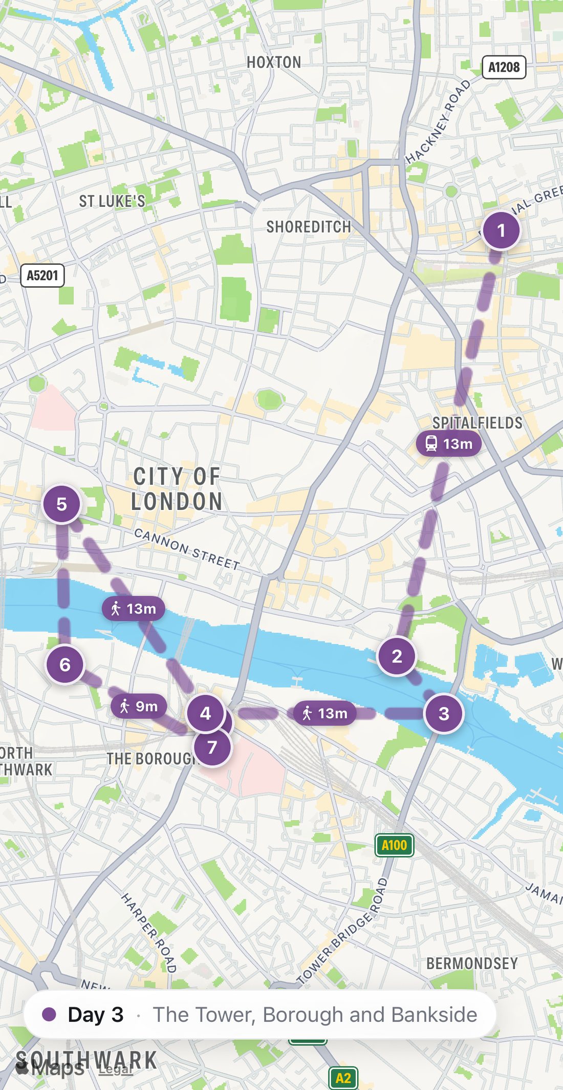 Bilbo's map of Day 3 in London: eight numbered purple stops on a walking route, from Beigel Bake to Padella.