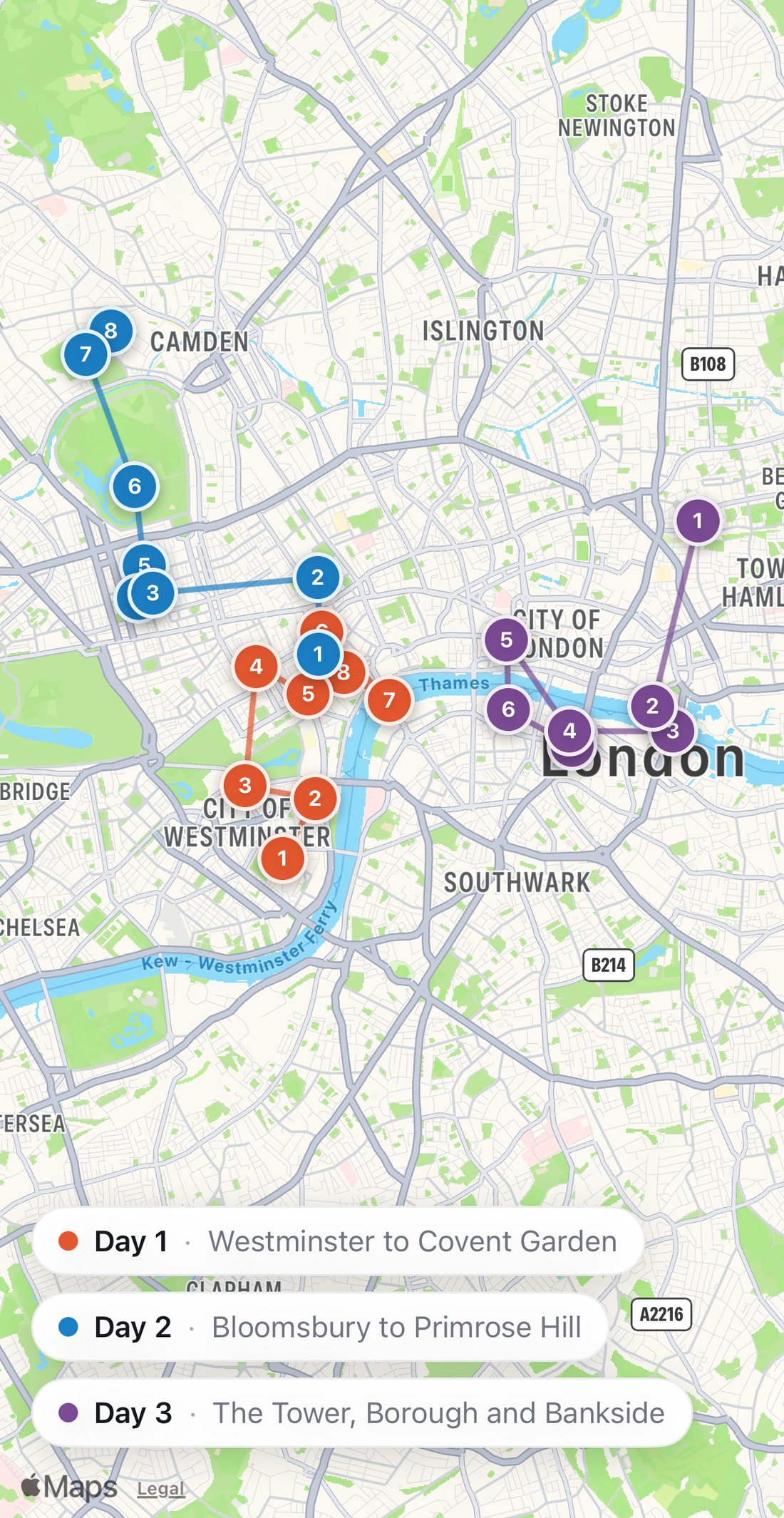 Bilbo's map of London with the three days drawn as colored routes: Day 1 in orange, Day 2 in blue, Day 3 in purple.