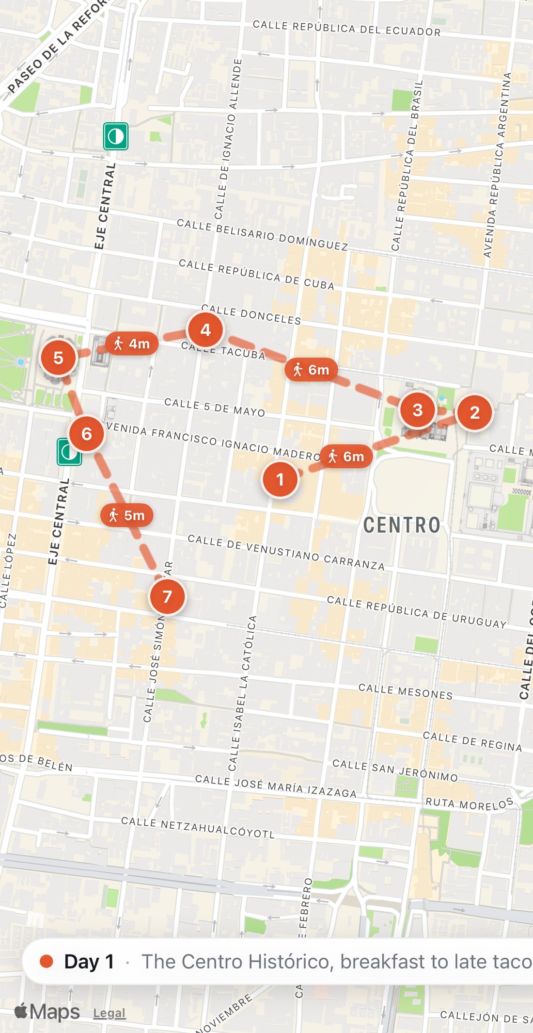 Bilbo's map of Day 1 in Mexico City: seven numbered orange stops on a walking route, from Breakfast at Azul Histórico to Tacos at Los Cocuyos.