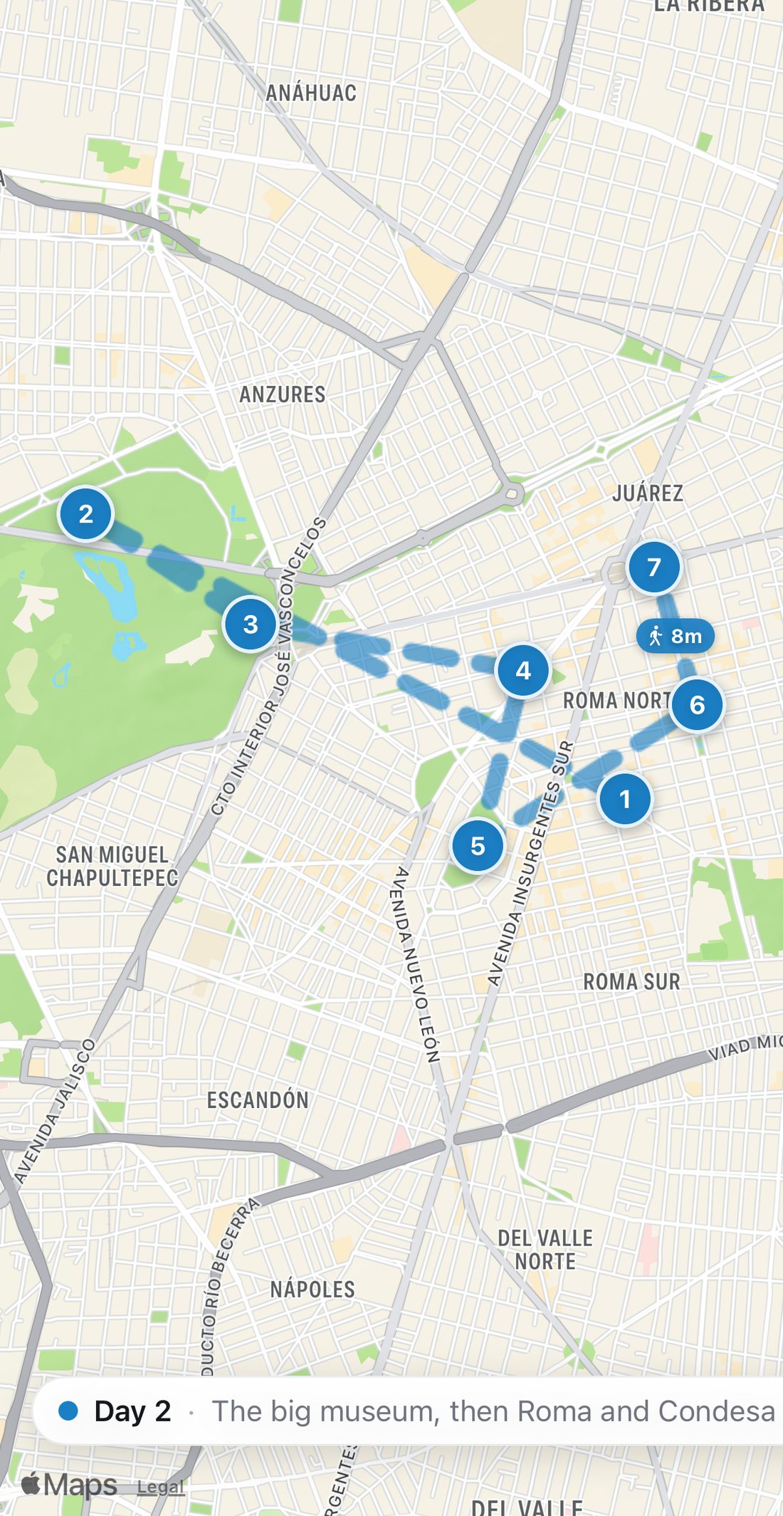 Bilbo's map of Day 2 in Mexico City: seven numbered blue stops on a walking route, from Breakfast at Expendio de Maíz to Dinner at Fugaz.
