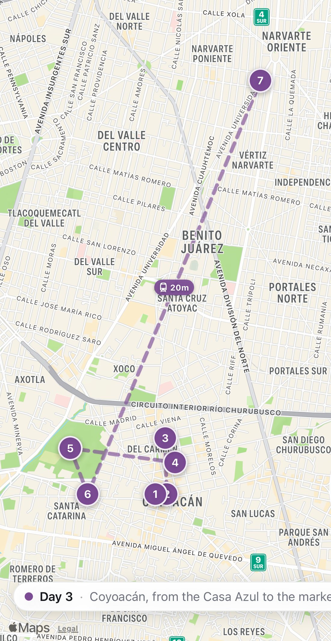 Bilbo's map of Day 3 in Mexico City: seven numbered purple stops on a walking route, from Breakfast at Corazón de Maguey to Al pastor at El Vilsito.