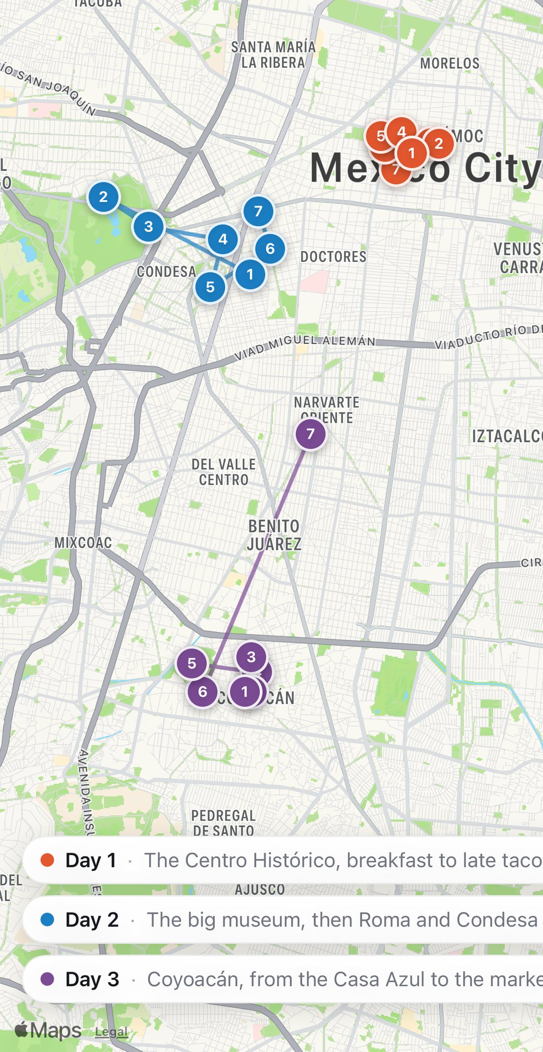 Bilbo's map of Mexico City with the three days drawn as colored routes: Day 1 in orange, Day 2 in blue, Day 3 in purple.