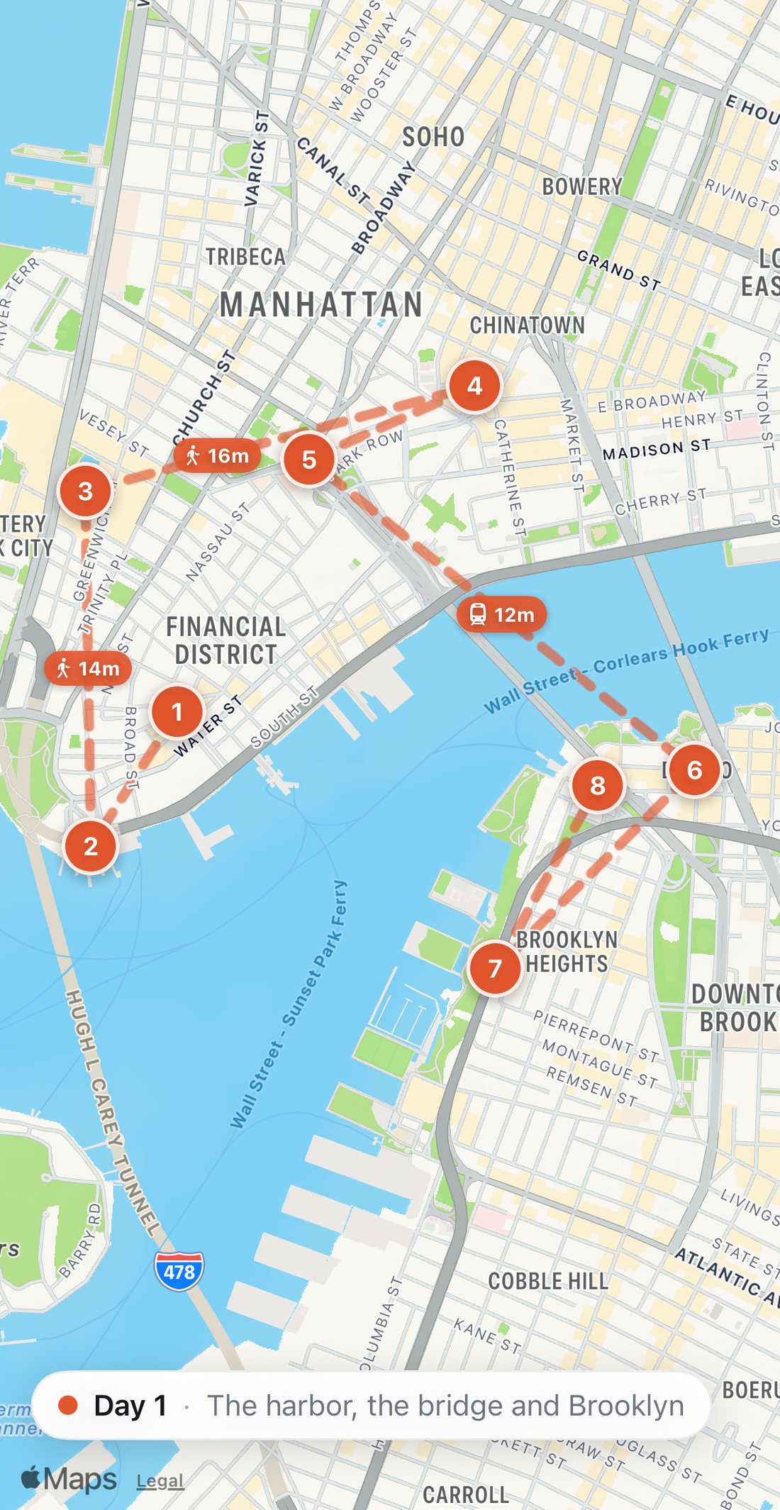 Bilbo's map of Day 1 in New York: eight numbered orange stops on a walking route, from Leo's Bagels to Juliana's.