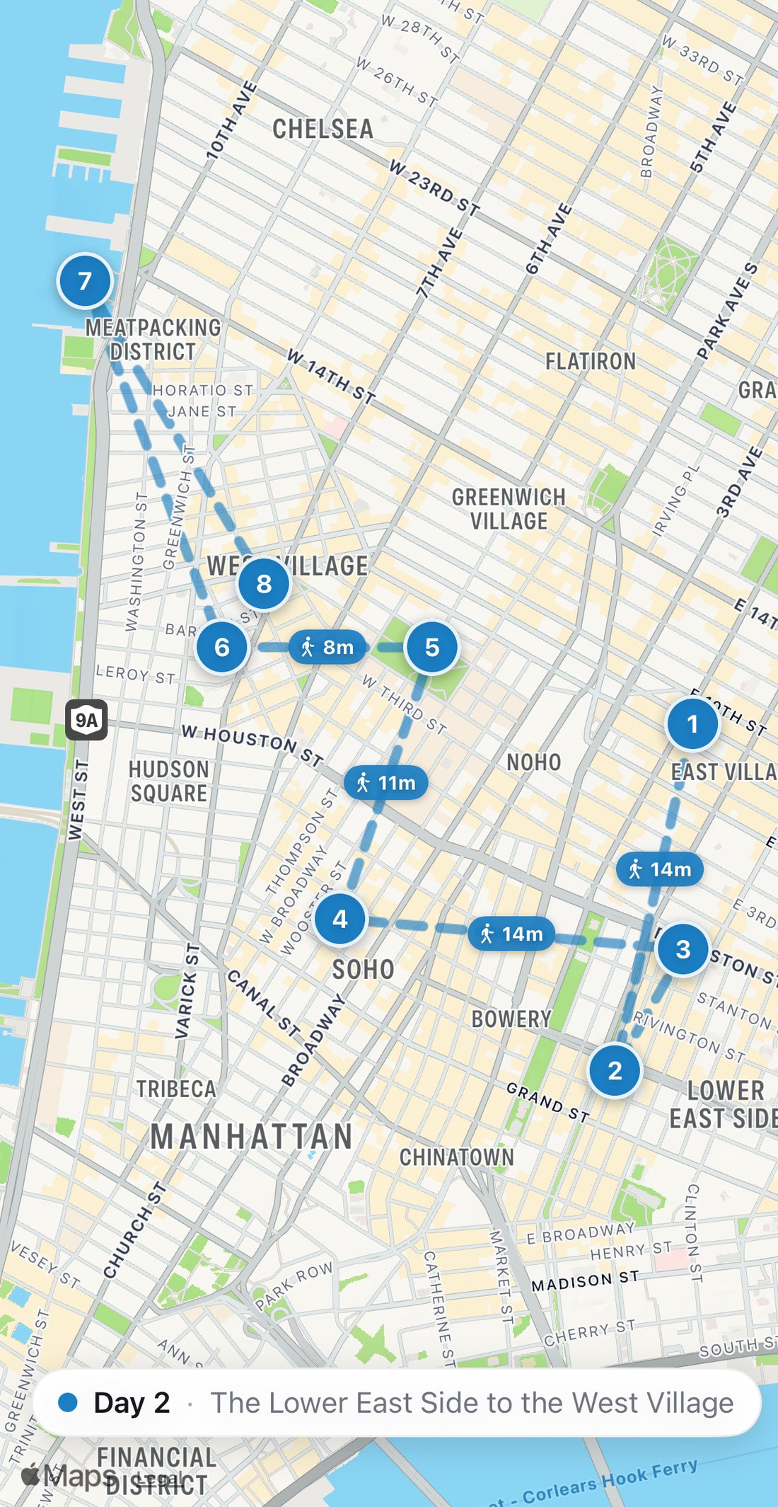 Bilbo's map of Day 2 in New York: eight numbered blue stops on a walking route, from Veselka to Via Carota.