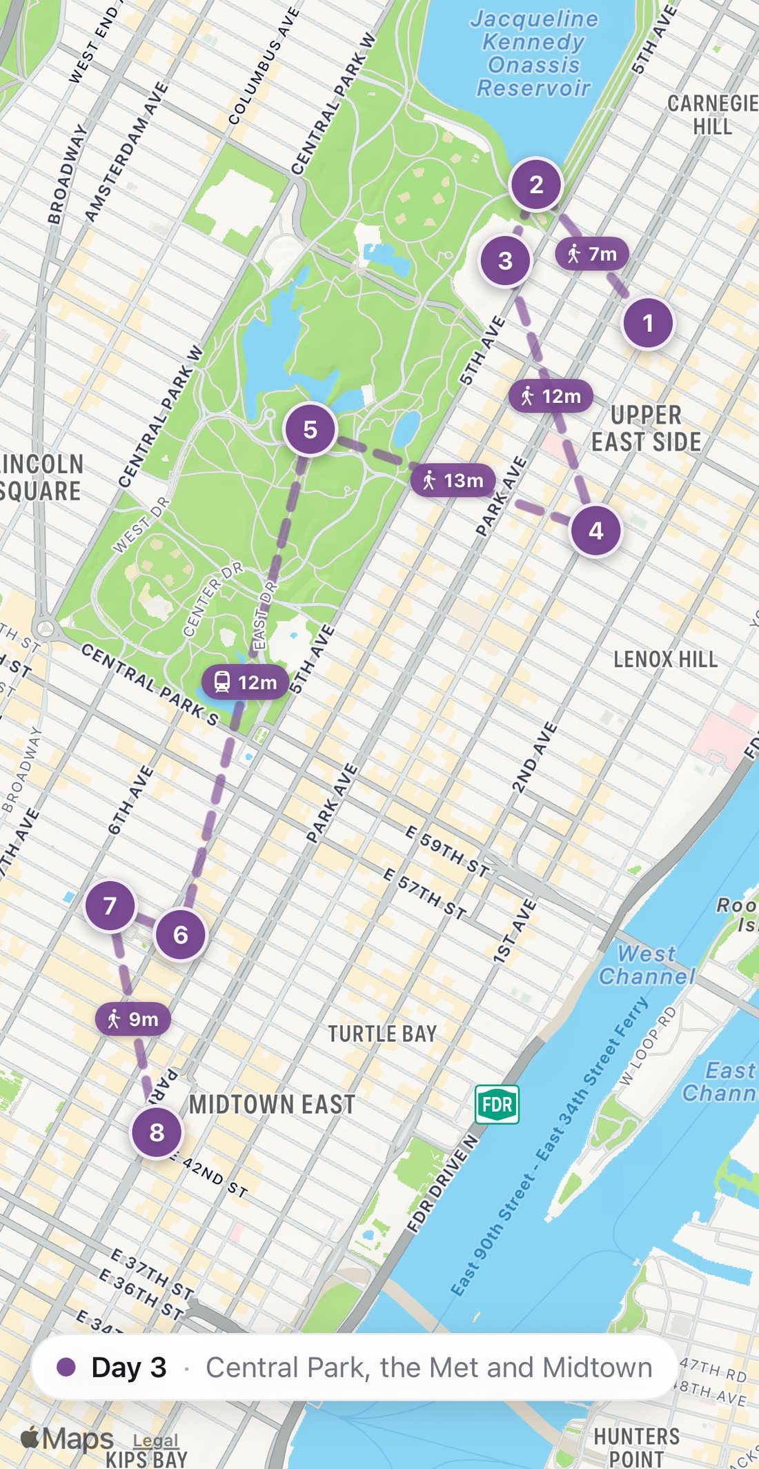 Bilbo's map of Day 3 in New York: eight numbered purple stops on a walking route, from Lexington Candy Shop to Grand Central and the Oyster Bar.