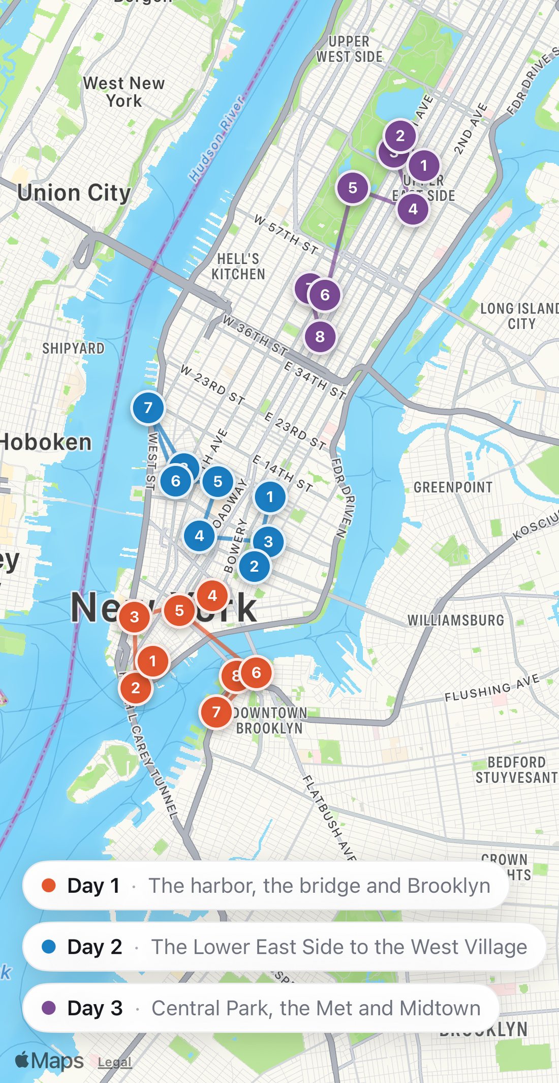 Bilbo's map of New York with the three days drawn as colored routes: Day 1 in orange, Day 2 in blue, Day 3 in purple.