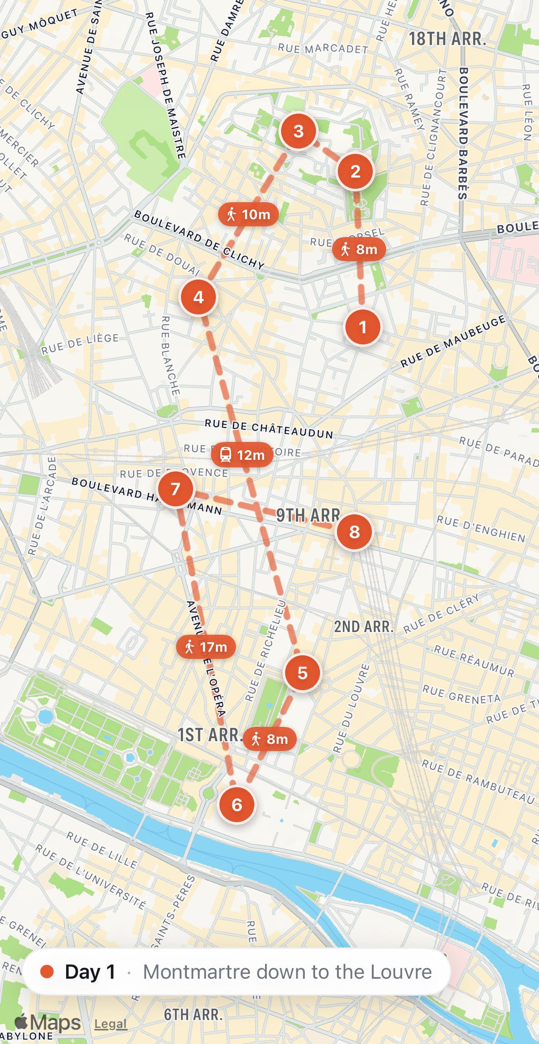 Bilbo's map of Day 1: eight numbered orange stops from Mamiche and Sacré-Cœur in Montmartre down through South Pigalle to Galerie Vivienne, the Louvre, the Galeries Lafayette rooftop and Bouillon Chartier.