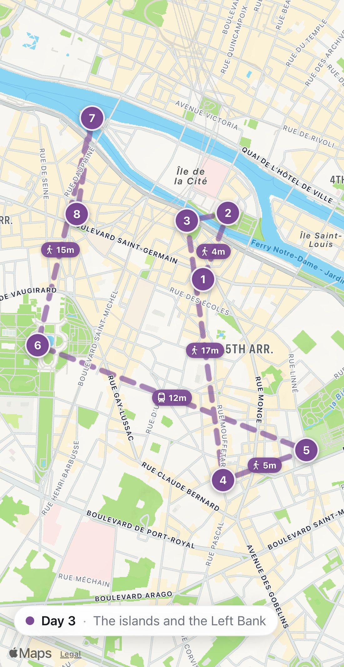 Bilbo's map of Day 3: eight numbered purple stops from La Maison d'Isabelle and Notre-Dame through the Latin Quarter to the Jardin du Luxembourg, the Square du Vert-Galant and Brasserie des Prés.