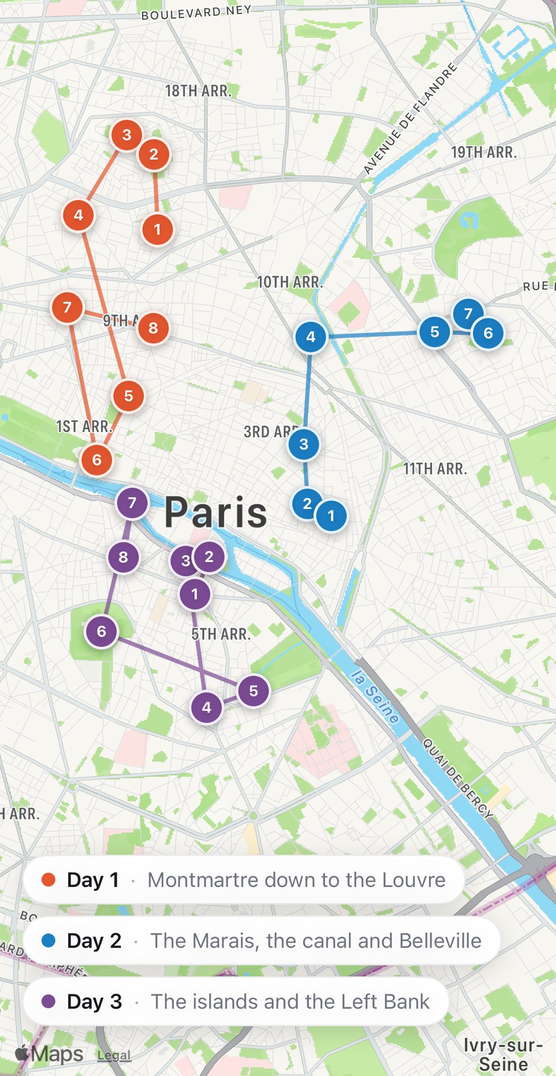 Bilbo's map of Paris with the three days as colored routes: Day 1 in orange from Montmartre down to the Louvre, Day 2 in blue from the Marais to the canal and Belleville, Day 3 in purple across the islands and the Left Bank.