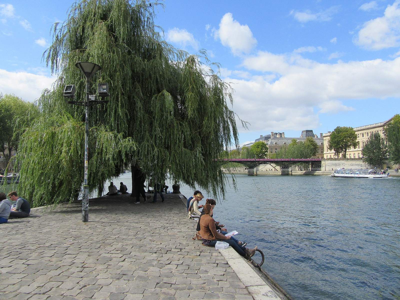 A weeping willow at the tip of the Île de la Cité in Square du Vert-Galant, with people sitting on the cobbled quay edge beside the Seine and a bridge downstream